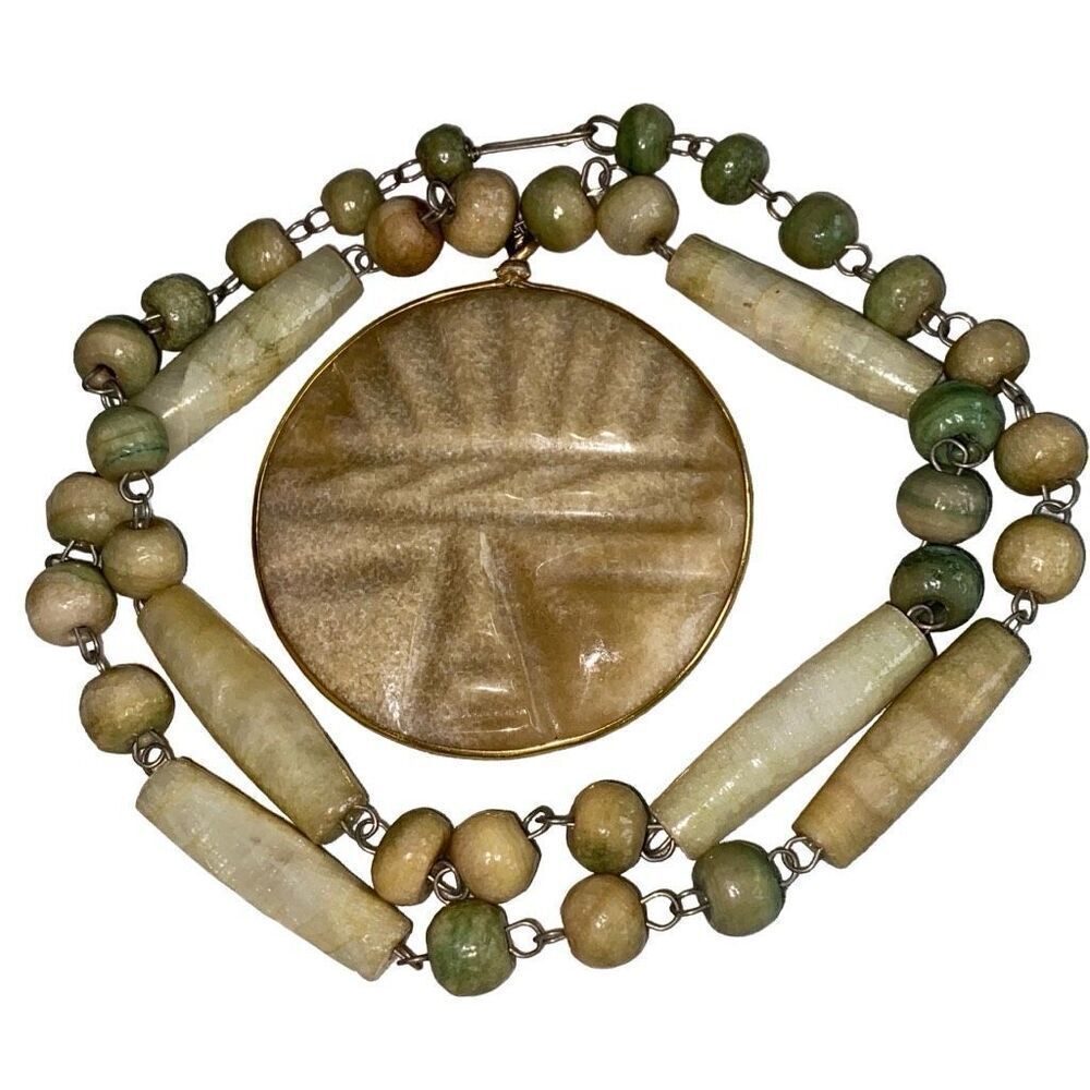 Vintage Serpentine Pale Green Natural Gemstone Necklace Mayan Hand Carved 1970s